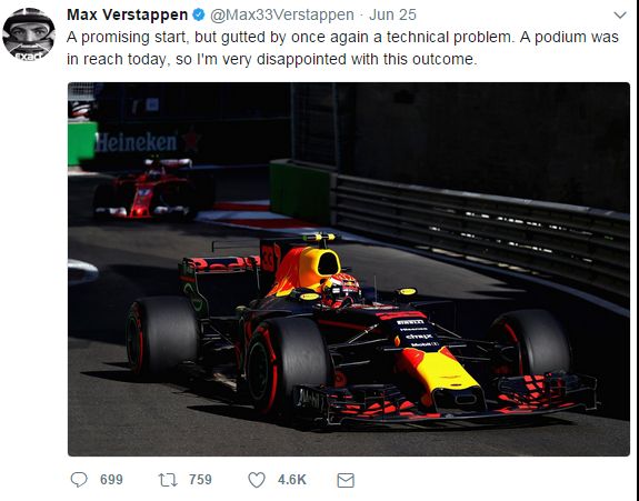Max Verstappen tweets his disappointment