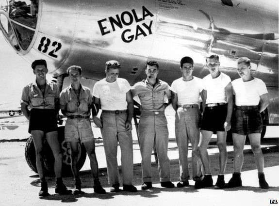 The ground crew of the B-29 'Enola Gay' which atom-bombed Hiroshima, Japan. Col. Paul W. Tibbets, the pilot is the centre