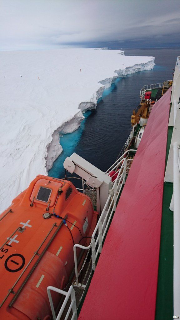 A view of the side of the ship, coming alongside the Brunt Ice Shelf.