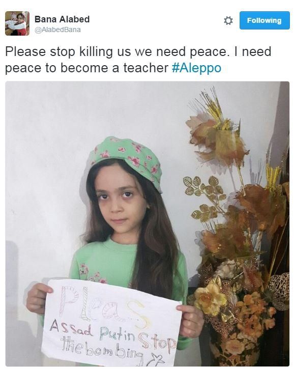 Tweet from @alabedbana, showing Bana holding a handwritten sign which says: Please Assad Putin stop the bombing.