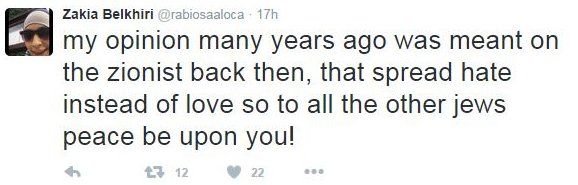 Image of tweet which reads: "My opinion many years ago was meant on the zionist back then, that spread hate instead of love so to all the other jews peace be upon you!"