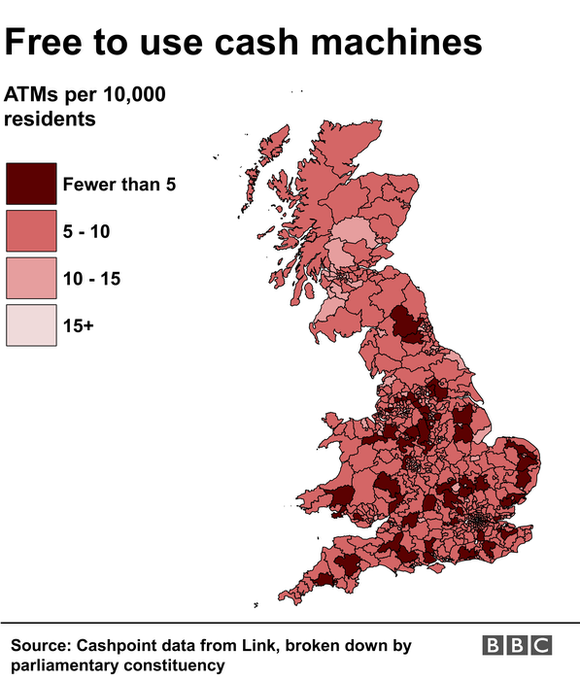Map showing cash machines per 10,000 people