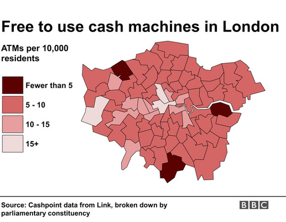 Map showing cash machines in London