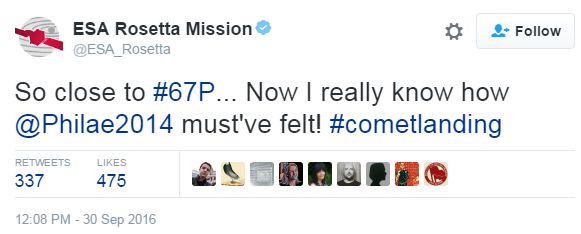 Tweet by @ESA_Rosetta saying now it knows how Philae2014 felt
