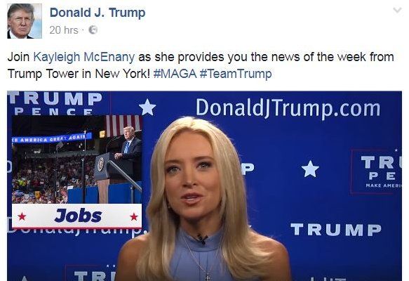 Post on the Donald Trump account: "Join Kayleigh McEnany as she provides you the news of the week from Trump Tower in New York! #MAGA #TeamTrump" accompanied by the video