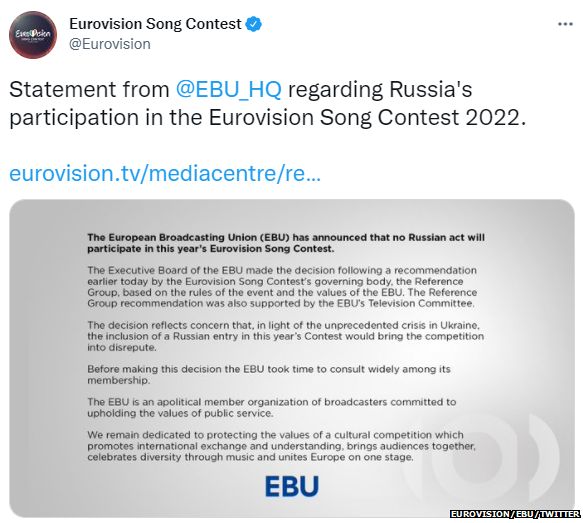 Eurovision Russia banned from competing at 2022 Song Contest BBC