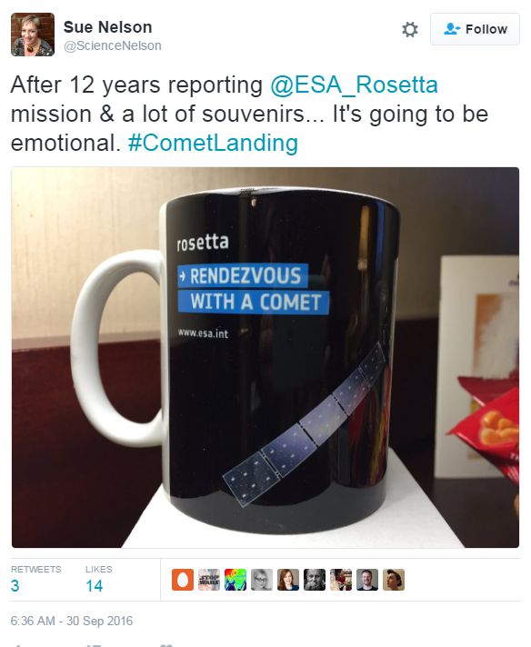 Tweet by @ScienceNelson of a Rosetta mug saying it will be emotional