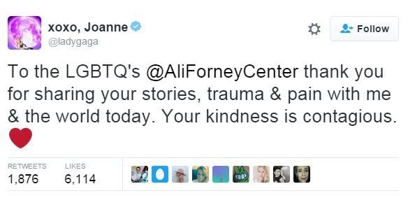 Tweet from @ladygaga: To the LGBTQs at AliForneyCenter thank you for sharing your stories, traume and pain with me and the world today. Your kindness is contagious