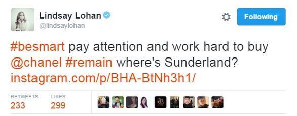 Lindsay Lohan tweet asking where Sunderland is.