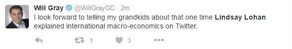 Tweet from somebody saying he will tell his grand kids about Lohan's macro-economic lectures.