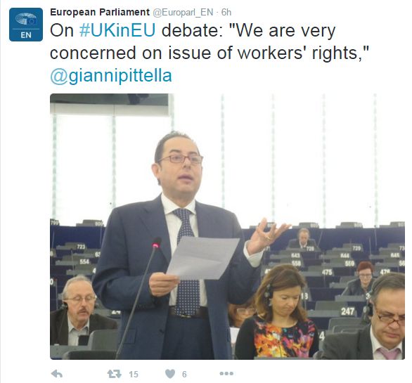 Tweet: On #UKinEU debate: "We are very concerned on the issue of workers' rights," says Gianni Pittella