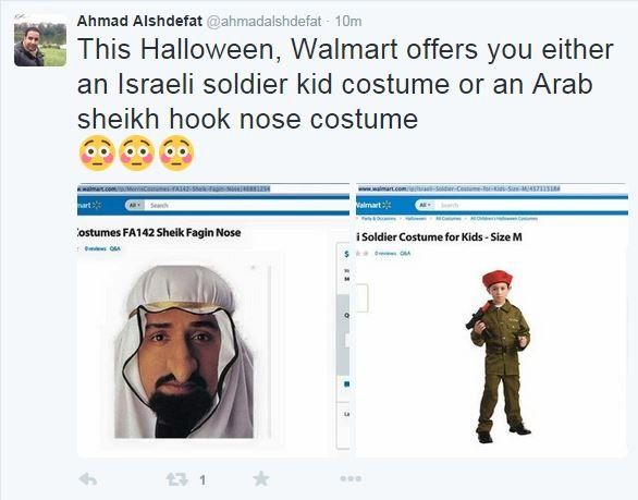 Tweet showing Walmart's products with the comment: "This Halloween, Walmart offers you either an Israeli soldier kid costume or an Arab sheikh hook nose costume"