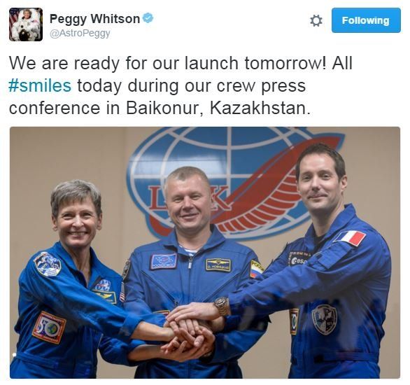 Peggy Whitson tweets: We are ready for our launch tomorrow! All #smiles today during our crew press conference in Baikonur, Kazakhstan.