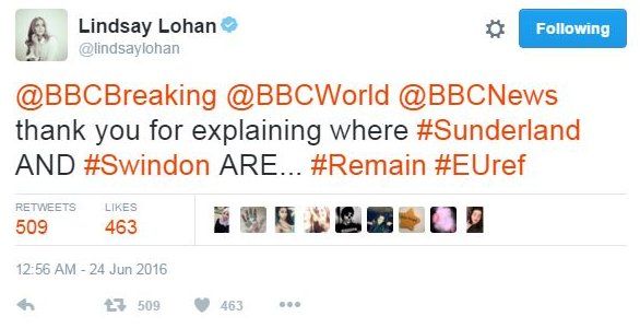 Lohan tweet thanking BBC for explaining where Sunderland