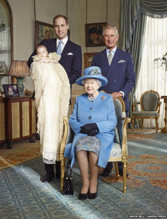 The official portrait for the christening of Prince George Alexander Louis of Cambridge, photographed in The Morning Room at Clarence House in London on October 23rd 2013. PICTURED: Four generations of the British Royal Family photographed together in over a generation: HM Queen Elizabeth II, HRH Prince of Wales and HRH Duke of Cambridge carrying HRH Prince George