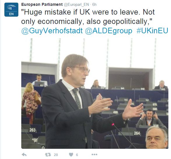Tweet: "Huge mistake if UK were to leave. Not only economically, also geopolitically," says Guy Verhofstadt