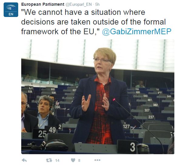 Tweet: "We cannot have a situation where decisions are taken outside of the formal framework of the EU", says @GabiZimmerMEP