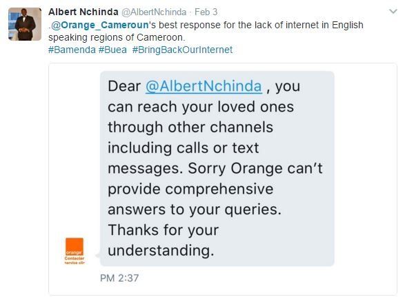 Tweet of Orange non-answer to complaint