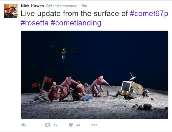 Tweet of The Clangers finding Rosetta on the comet