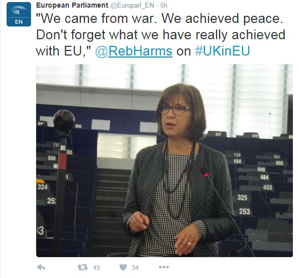 Tweet: "We came from war. We achieved peace. Don't forget what we have really achieved with EU," says German MEP Rebecca Harms