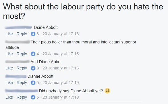 Group members answer "Diane Abbott" when asked what they hate about the Labour Party