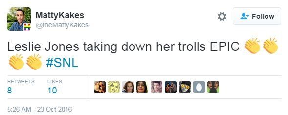 Tweet from @theMattyKakes: Leslie Jones taking down her trolls EPIC (clap emoji)