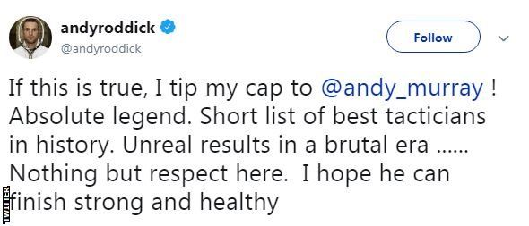 Former US Open champion Andy Roddick was among those to pay tribute to Murray on Twitter