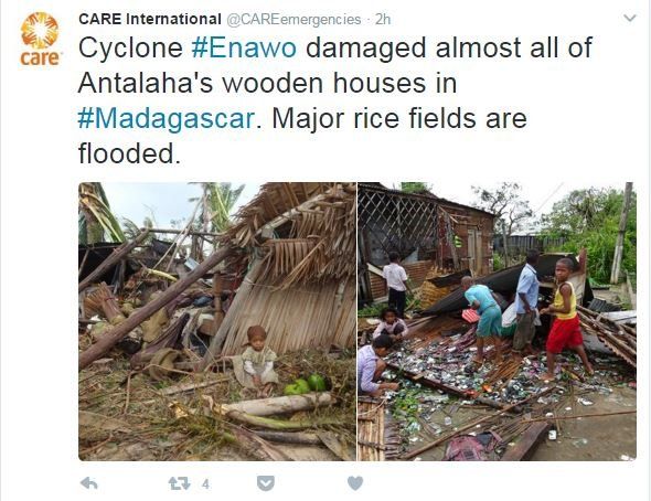 Care International tweet showing damaged wooden houses