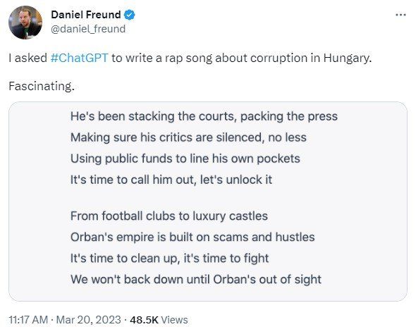Tweet from Daniel Freund with rap about Viktor Orban reading "He's been stacking the courts, packing the press; Making sure his critics are silenced, no less; Using publi funds to line his own pockets; It's time to call him out, let's unlock it; From football clubs to luxury castles; Orban's empire is built on scams and hustles; It's time to clean up, it's time to fight; We won't back down until Orban's out of sight"