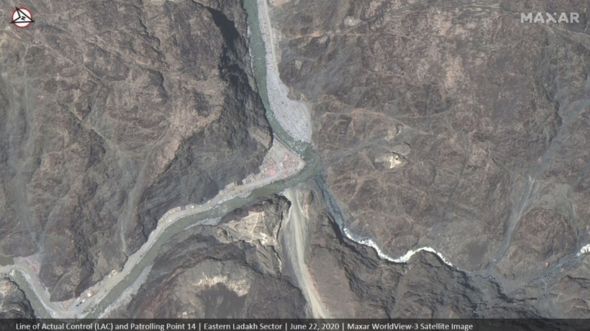 Satellite image shows the area near the Line of Actual Control (LAC) and Patrolling Point 14 in the eastern Ladakh sector June 22, 2020.