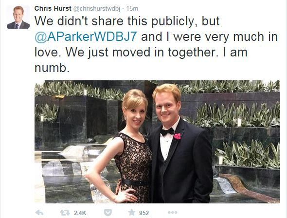 Tweet from Alison Parker's apparent boyfriend, Chris Hurst, which reads: "We didn't share this publicly, but @AParkerWDBJ7 and I were very much in love. We just moved in together. I am numb"