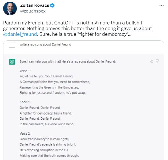 Tweet from Zoltan Kovacs with rap about Daniel Freund, reading "Yo, let me tell you 'bout Daniel Freund; a German politician that you need to comprehend; Representing the Greens in the Bundestag; Fighting for justice and freedom, he's got swag; (CHORUS) Daniel Freund; A fighter for democracy, he's a friend; Daniel Freund, Daniel Freund; In the parliament, his voice won't bend; From transparency to human rights; Daniel Freund's agenda is shining bright; He's exposing corruption in the EU; Making sure that the truth comes through"