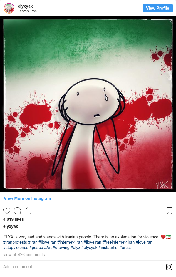 پست اینستاگرام از elyxyak: ELYX is very sad and stands with Iranian people. There is no explanation for violence. ❤️??
#iranprotests #Iran #iloveiran #internet4iran #iloveiran #freeinternet4iran #loveiran #stopviolence #peace #Art #drawing #elyx #elyxyak #instaartist #artist