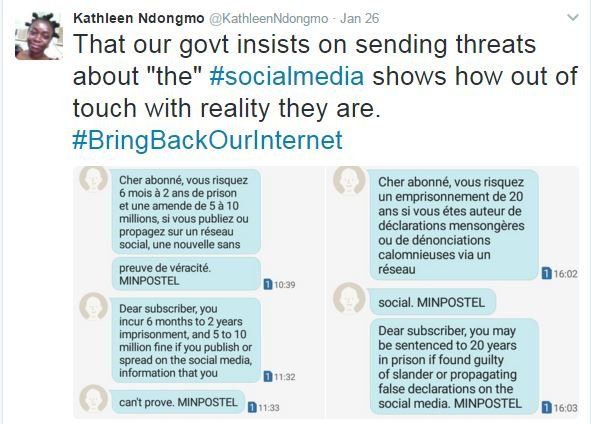 Image of tweet showing text messages warning about use of social media