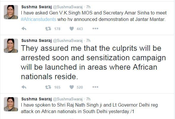 Tweets by Indian Foreign Minister Sushma Swaraj on police promising arrests and plans to meet African students planning demonstration (29 May)