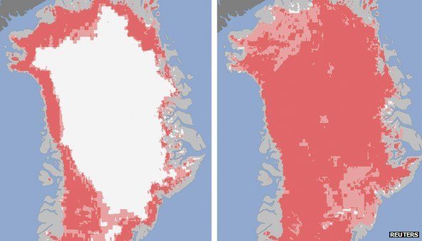 Nasa images reveal the extent of the surface melt over Greenland’s ice sheet on July 8 (l) and July 12 (r)