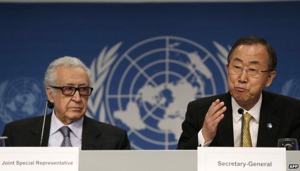 UN Secretary General Ban Ki-Moon (right) and UN-Arab League envoy for Syria Lakhdar Brahimi give a press conference closing the Geneva II peace talks on 22 January 2014