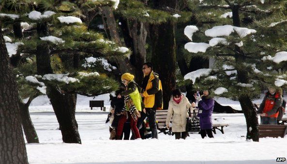 Tourists walk on a snow at a park in Tokyo (9 February 2014)