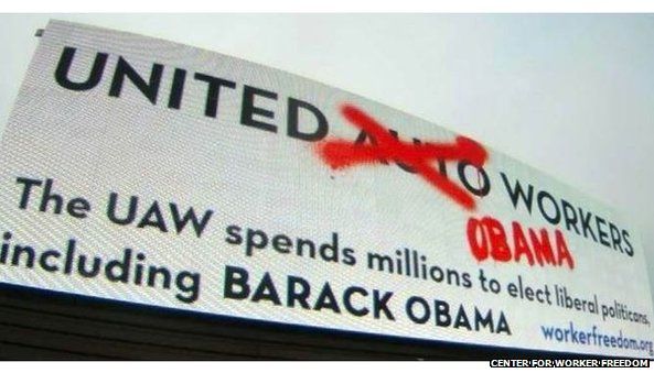 United Auto Workers crossed out says United Obama Workers