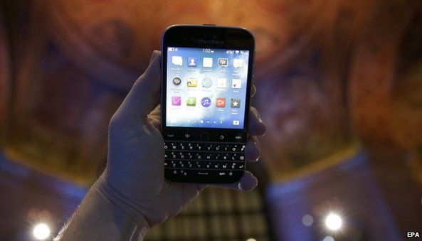 The Blackberry Classic on display after a press event for the launch in New York, New York, USA, 17 December 2014