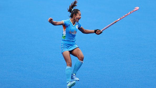 Chanu Pukhrambam Sushila of Team India celebrates their 1-0 win after the Women's Quarterfinal match between Australia and India on day ten of the Tokyo 2020 Olympic Games at Oi Hockey Stadium on August 02, 2021 in Tokyo, Japan.