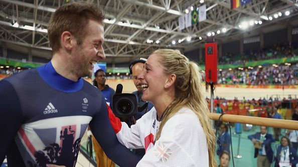 Partners Jason Kenny and Laura Trott celebrate Kenny winning gold in the Men's Keirin Finals, 2016.