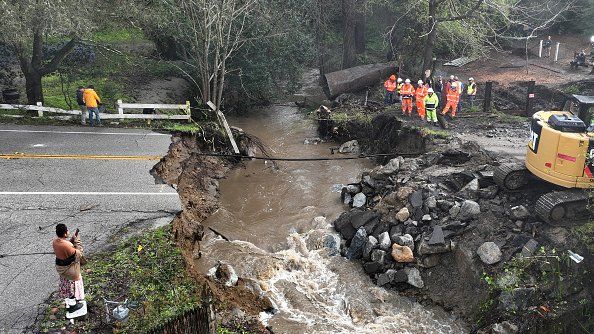 A road that was washed away in Soquel, California, on 10 March 2023