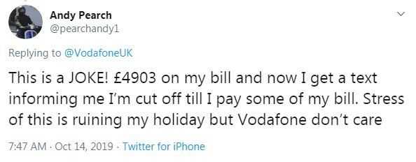Tweet from angry Vodafone customer Andy Pearch