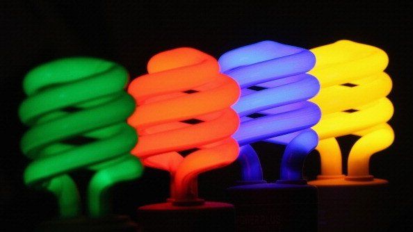 A series of coloured light bulbs