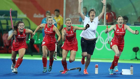 Great Britain celebrate after winning a penalty shoot outl during the Women's Hockey final between Great Britain and the Netherlands on day 14 at Olympic Hockey Centre on August 19, 2016.