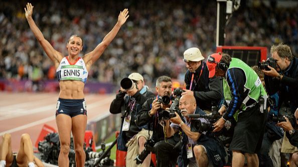 Jessica Ennis-Hill celebrates after winning the heptathlon