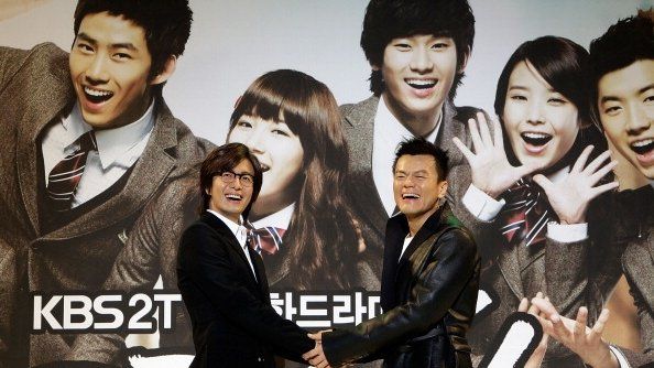 Actor Bae Yong-Joon and Singer and producer Park Jin-Young (JYP) promote KBS TV drama 'Dream High' on 27 December, 2010