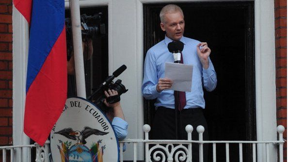 Julian Assange speaks on the balcony of Ecuador's UK embassy