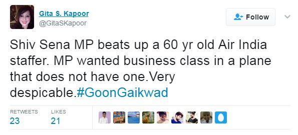 Shiv Sena MP beats up a 60 yr old Air India staffer. MP wanted business class in a plane that does not have one.Very despicable.#GoonGaikwad